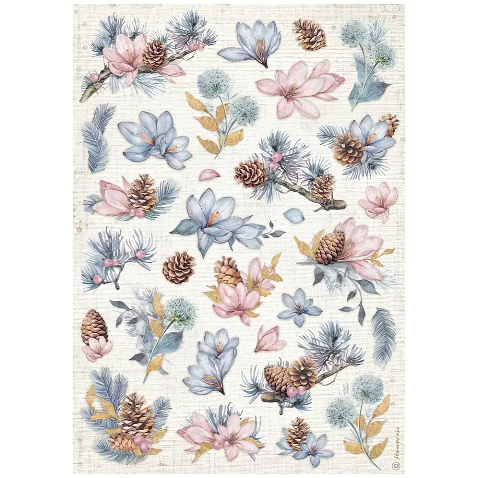 Papel de arroz Stamperia A4 — Create Happiness Dewdrops — Pinecones and Flowers 1