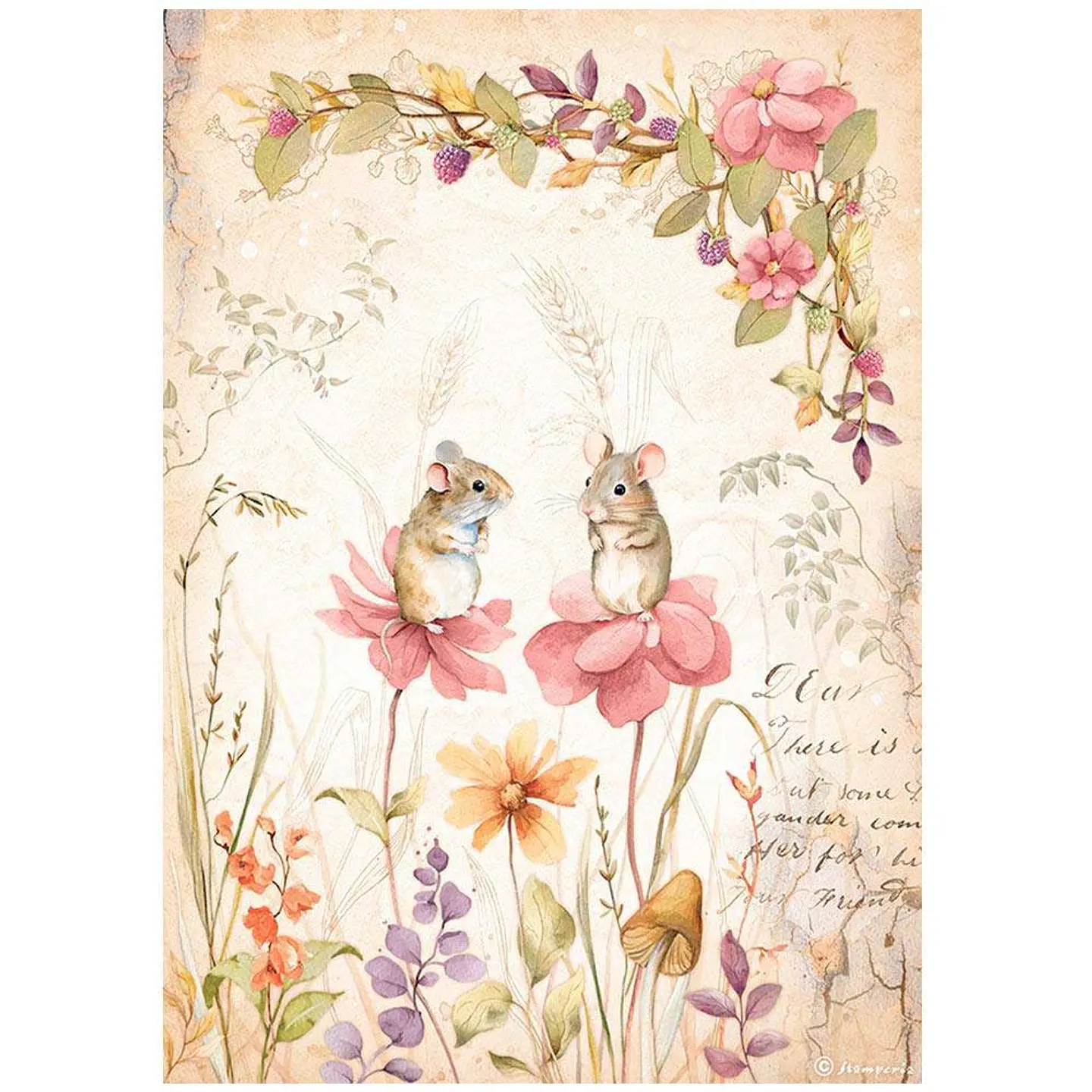 Papel de arroz Stamperia A4 — Woodland — Mice & Flowers (DFSA4815) 1