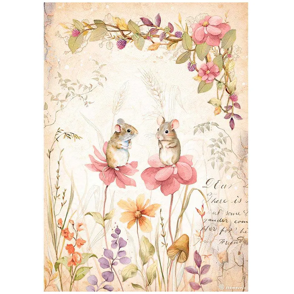 Papel de arroz Stamperia A4 — Woodland — Mice & Flowers (DFSA4815) 1