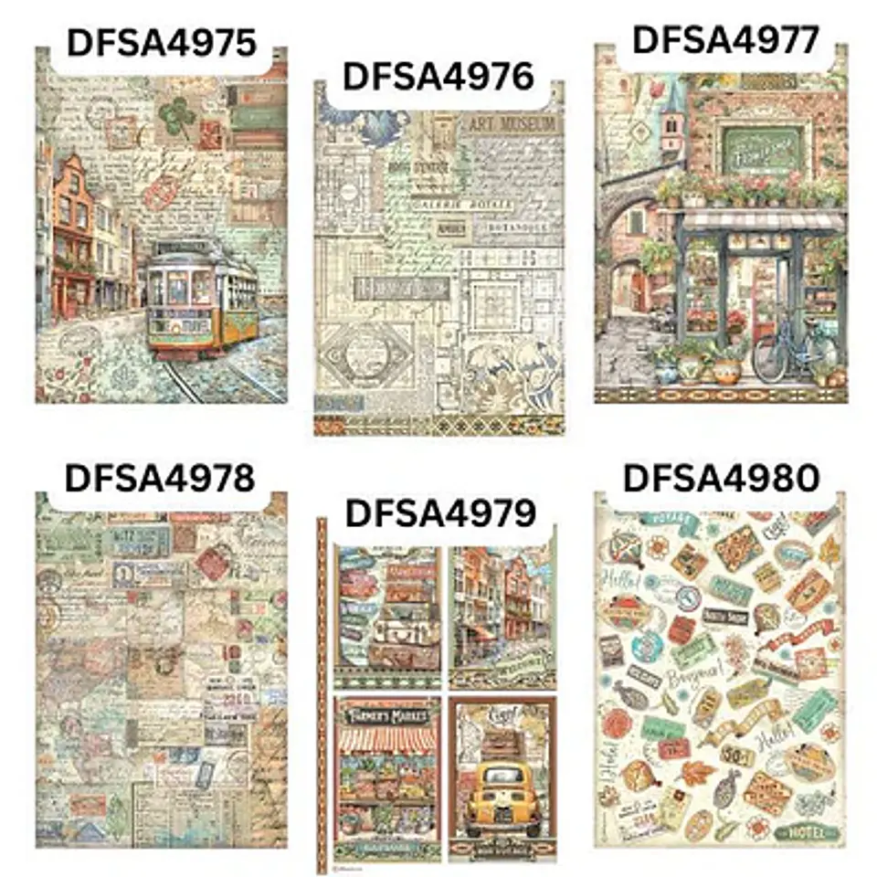Stamperia Art of Travelling — pack de 6 papéis de arroz A4 1