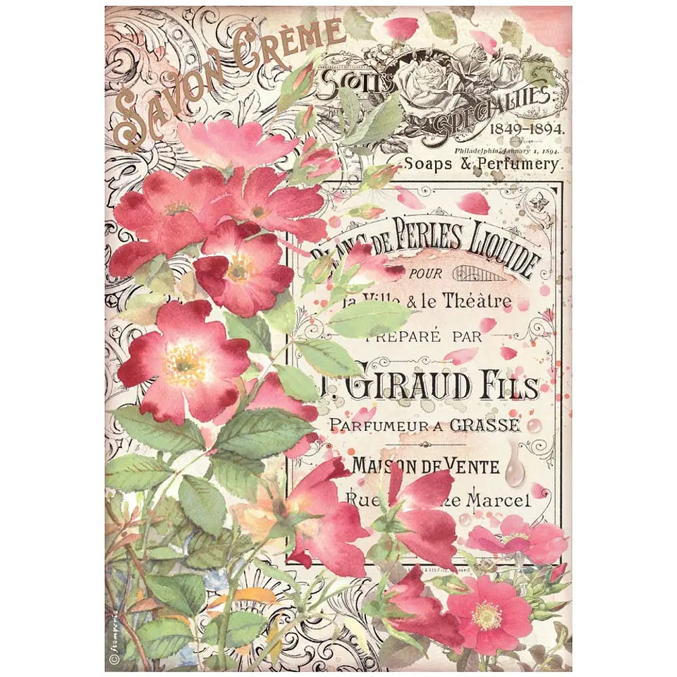 Papel de arroz Stamperia A4 — Rose Parfum — Savon Crème 1