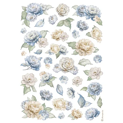 Papel de arroz Stamperia A4 — Timeless — Roses and Blue Flowers Pattern