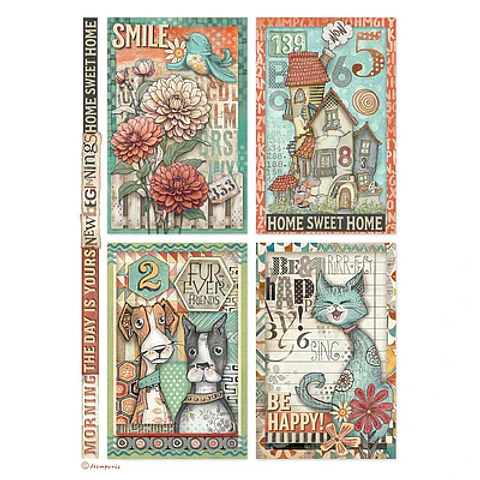 Papel de arroz Stamperia A4 — Furry Friends — 4 Cards (DFSA41064)