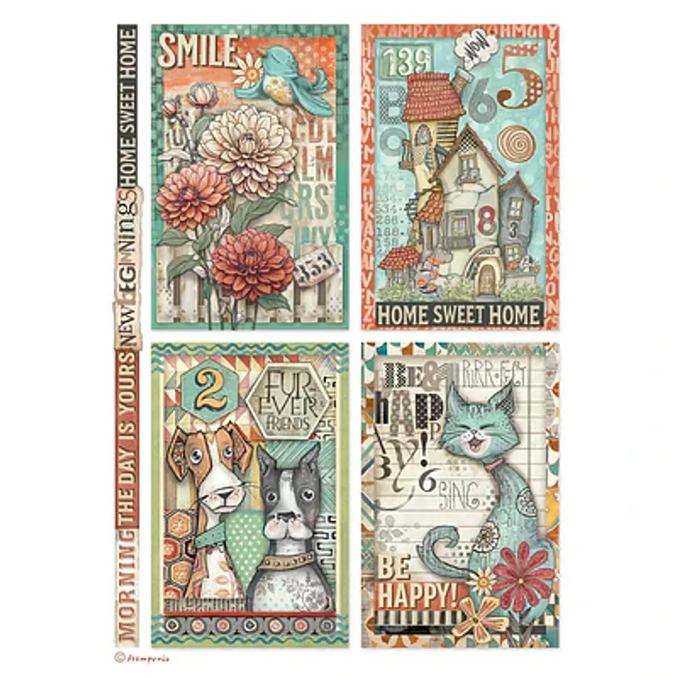 Papel de arroz Stamperia A4 — Furry Friends — 4 Cards (DFSA41064) 1