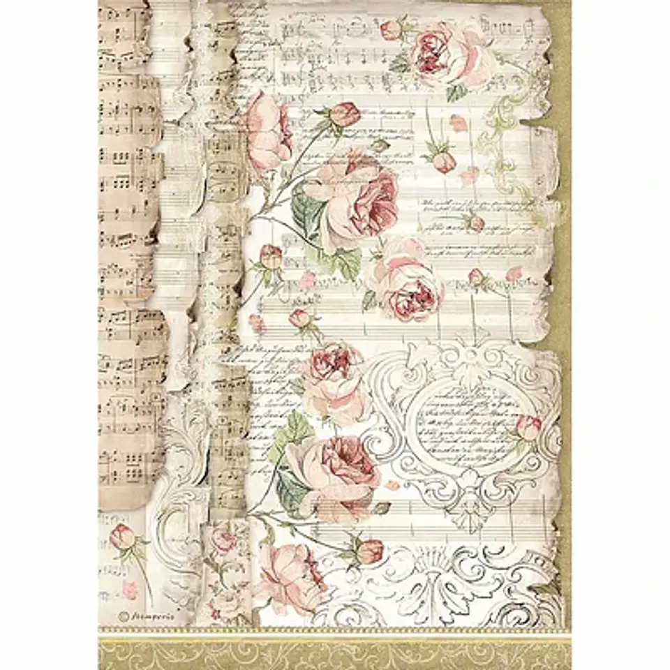 Papel de arroz Stamperia A4 — Roses and Music 1