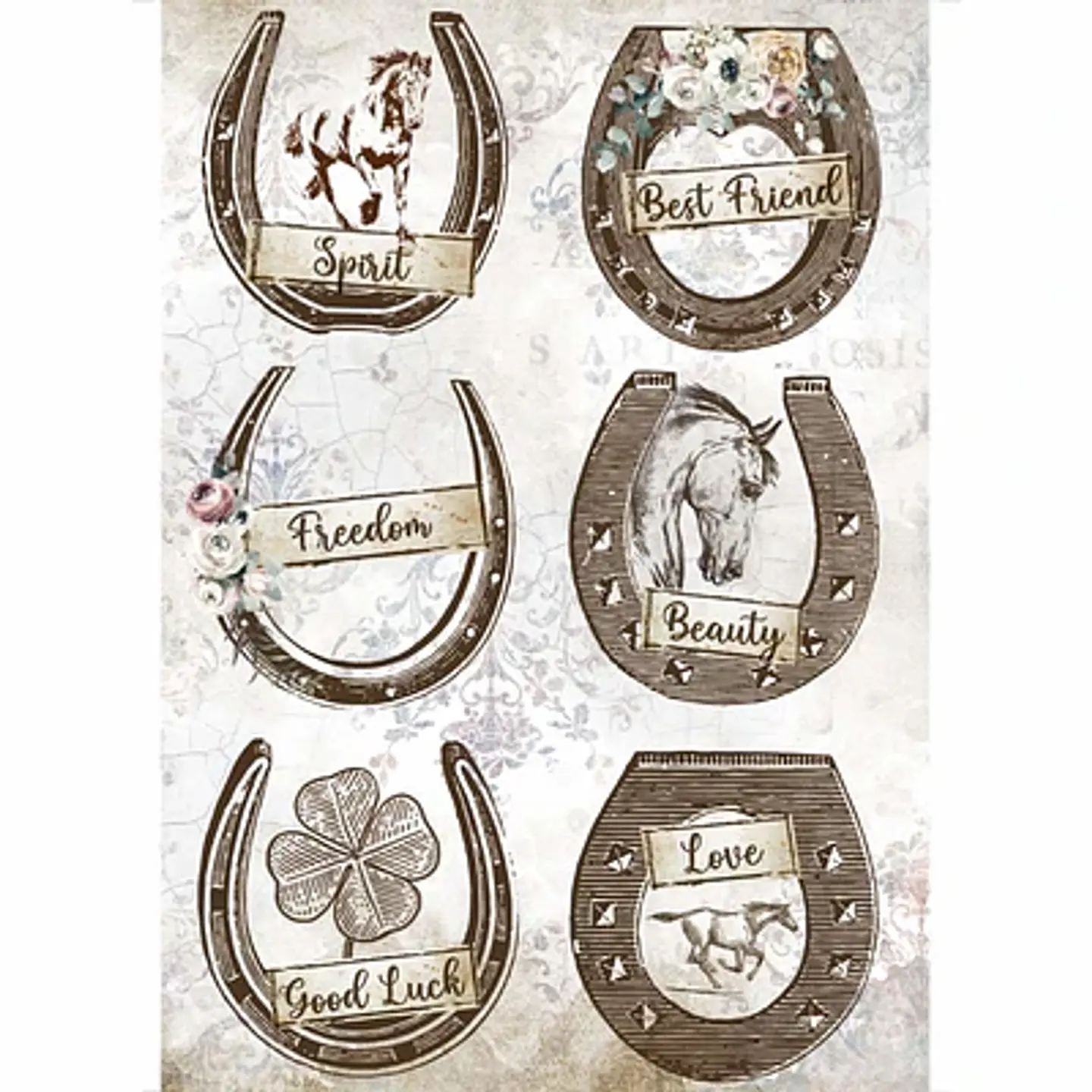 Papel de arroz Stamperia A4 — Romantic Horses — Horseshoes (DFSA4583) 1