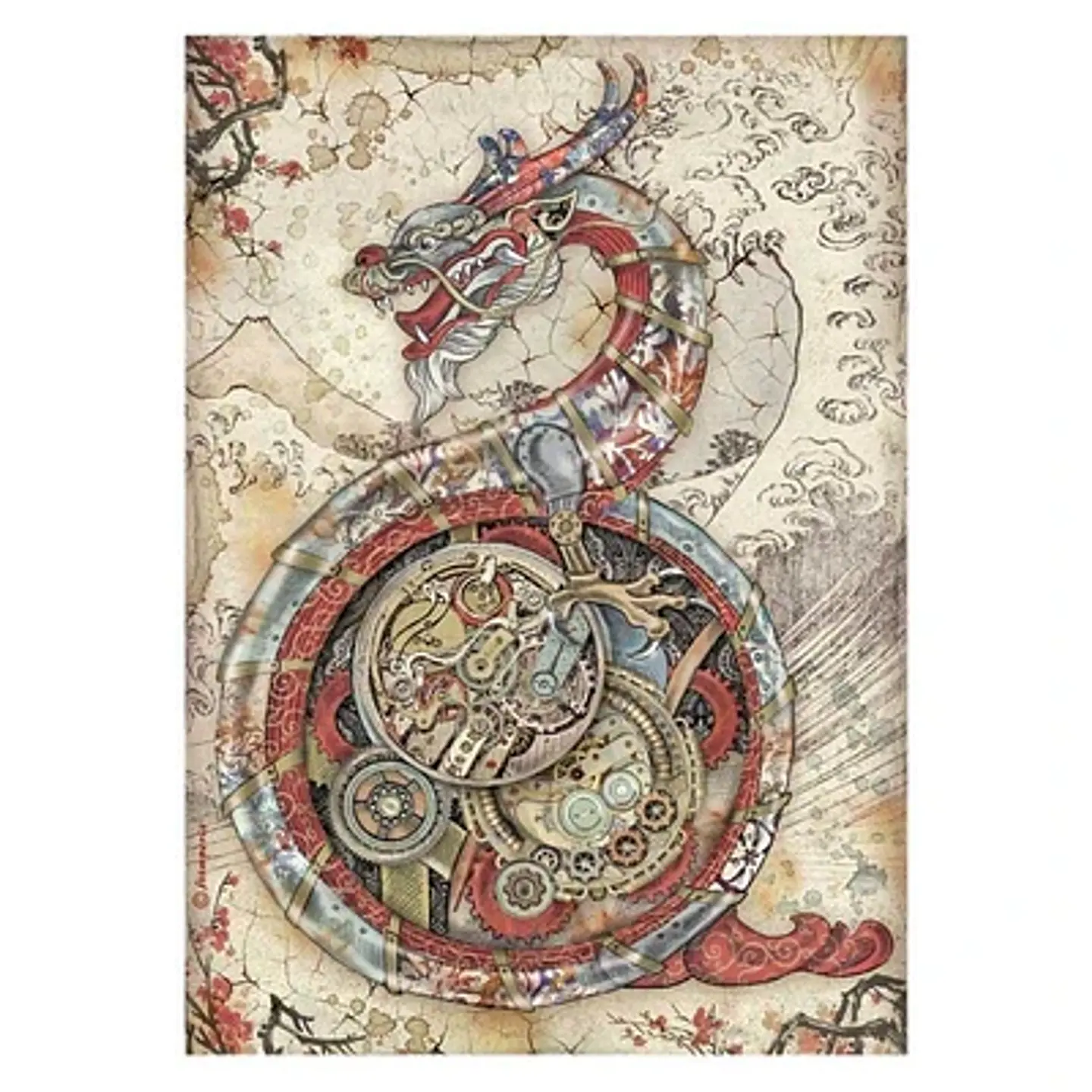 Papel de arroz Stamperia A4 — Sir Vagabond in Japan — Mechanical Dragon (DFSA4608) 1