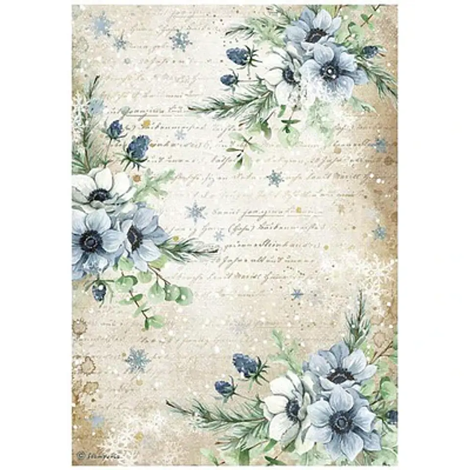 Papel de arroz Stamperia A4 — Cozy Winter — Blue Flowers 1