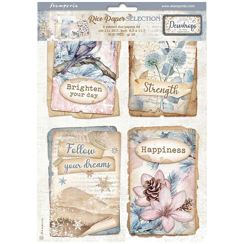 Stamperia Create Happiness Dewdrops — pack de 6 papéis de arroz A4