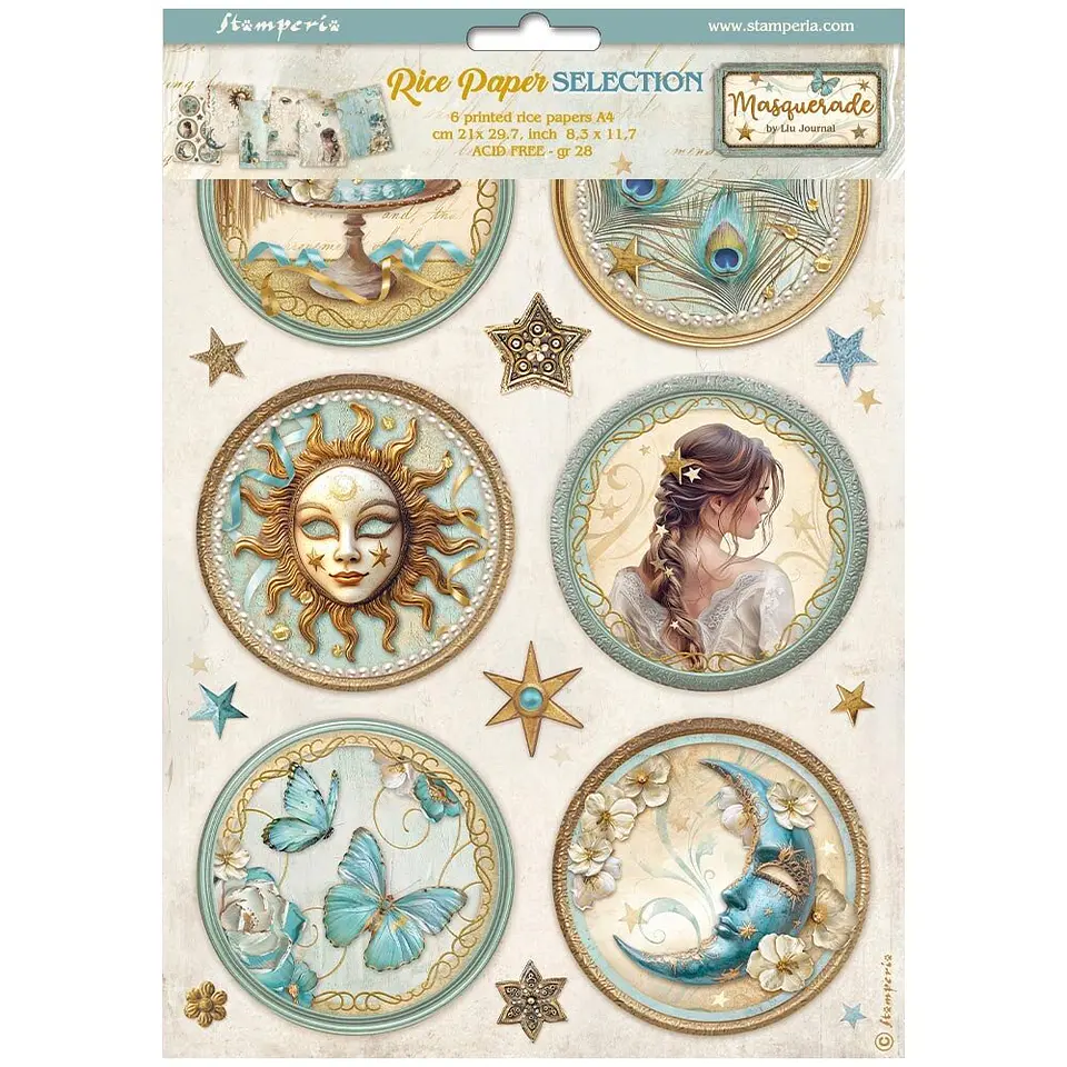 Stamperia Masquerade — pack de 6 papéis de arroz A4 1