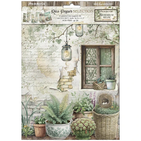 Stamperia Herbarium Silvae — pack de 6 papéis de arroz A4