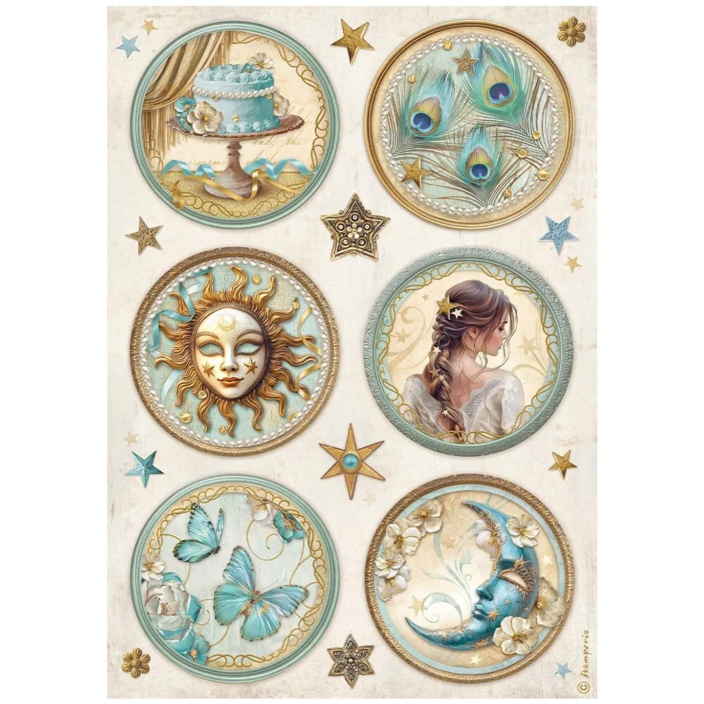 Stamperia Masquerade — pack de 6 papéis de arroz A4 2