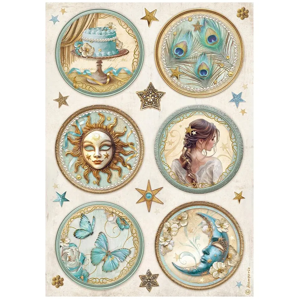 Stamperia Masquerade — pack de 6 papéis de arroz A4 2
