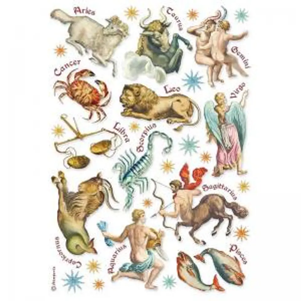 Papel de arroz Stamperia A4 — Cosmos Infinity — Astrological Signs 1