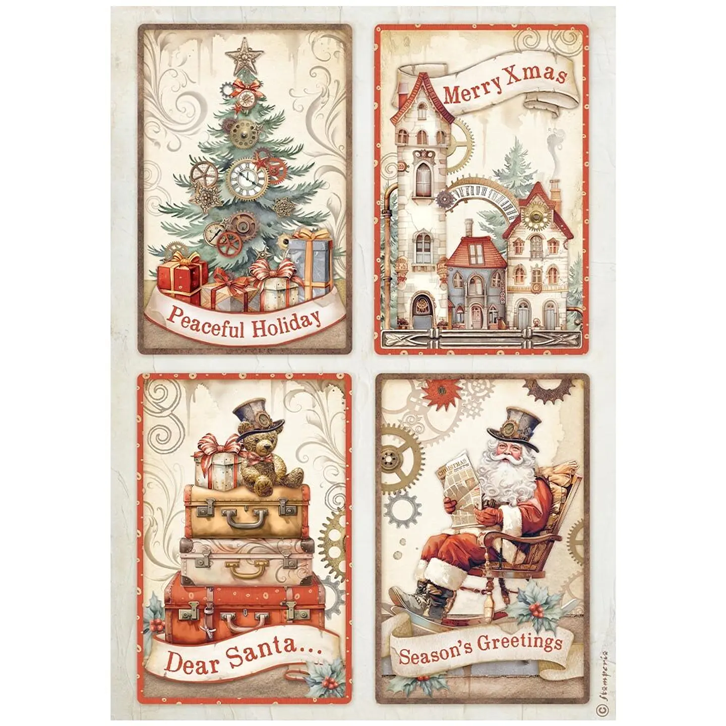 Stamperia Gear Up for Christmas — pack de 6 papéis de arroz A4 4
