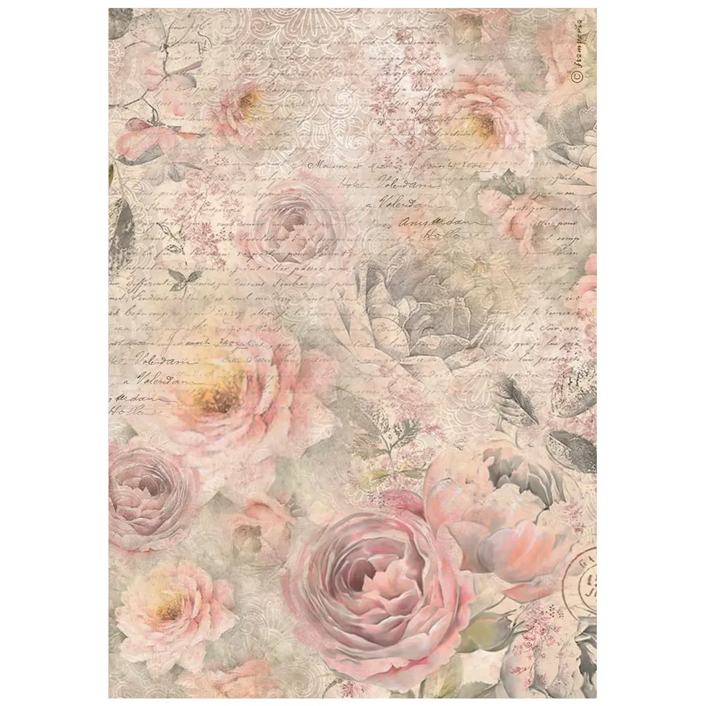 Papel de arroz Stamperia A4 — Shabby Rose — Roses Pattern 1