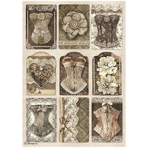 Papel de arroz Stamperia A4 — Old Lace — Corsets