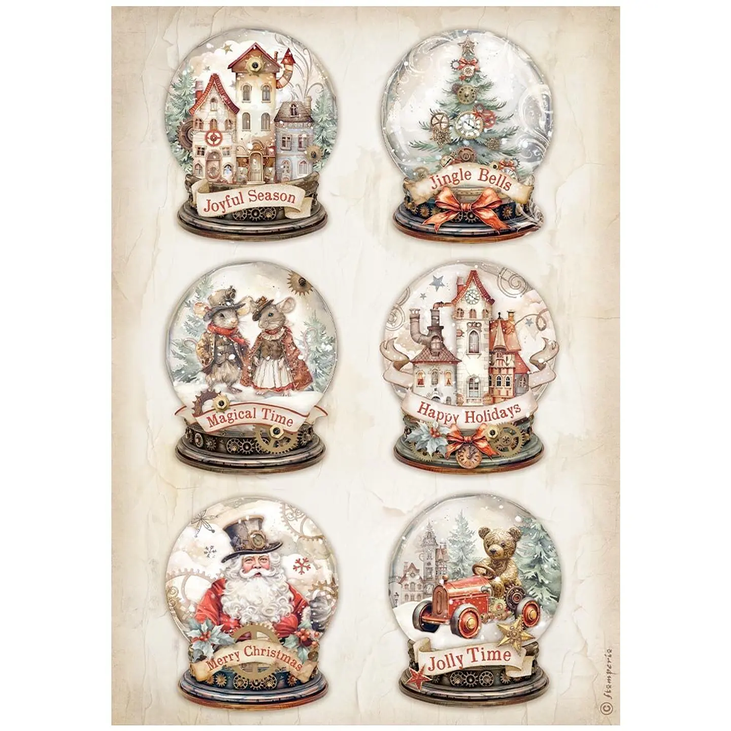 Stamperia Gear Up for Christmas — pack de 6 papéis de arroz A4 6