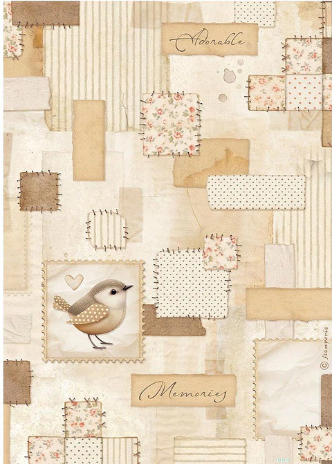 Papel de arroz A4 Stamperia — Baby — Patchwork com pássaro — DFSA41091