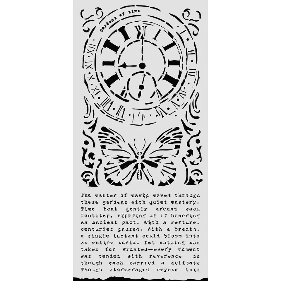 Stencil Stamperia 12×25 cm — Gardens of Time clock and butterfly (KSTDL158) 1