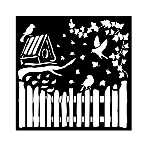 Stencil Stamperia 18×18 cm — House of Roses fence and birds (KSTDQ122)