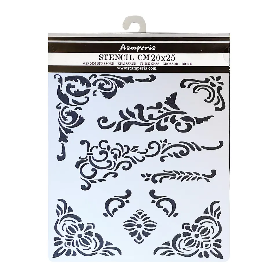 Stencil Stamperia 20×25 cm — Vintage Library corners and embellishment (KSTD135) 1