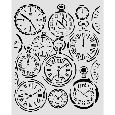 Stencil Stamperia 20×25 cm — Gardens of Time mixed clocks (KSTD203)