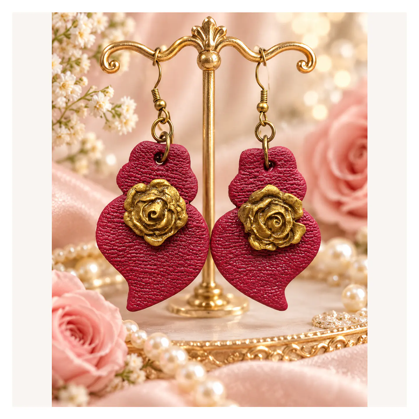 Brincos Vermelhos com Rosas Douradas — B01-007 1