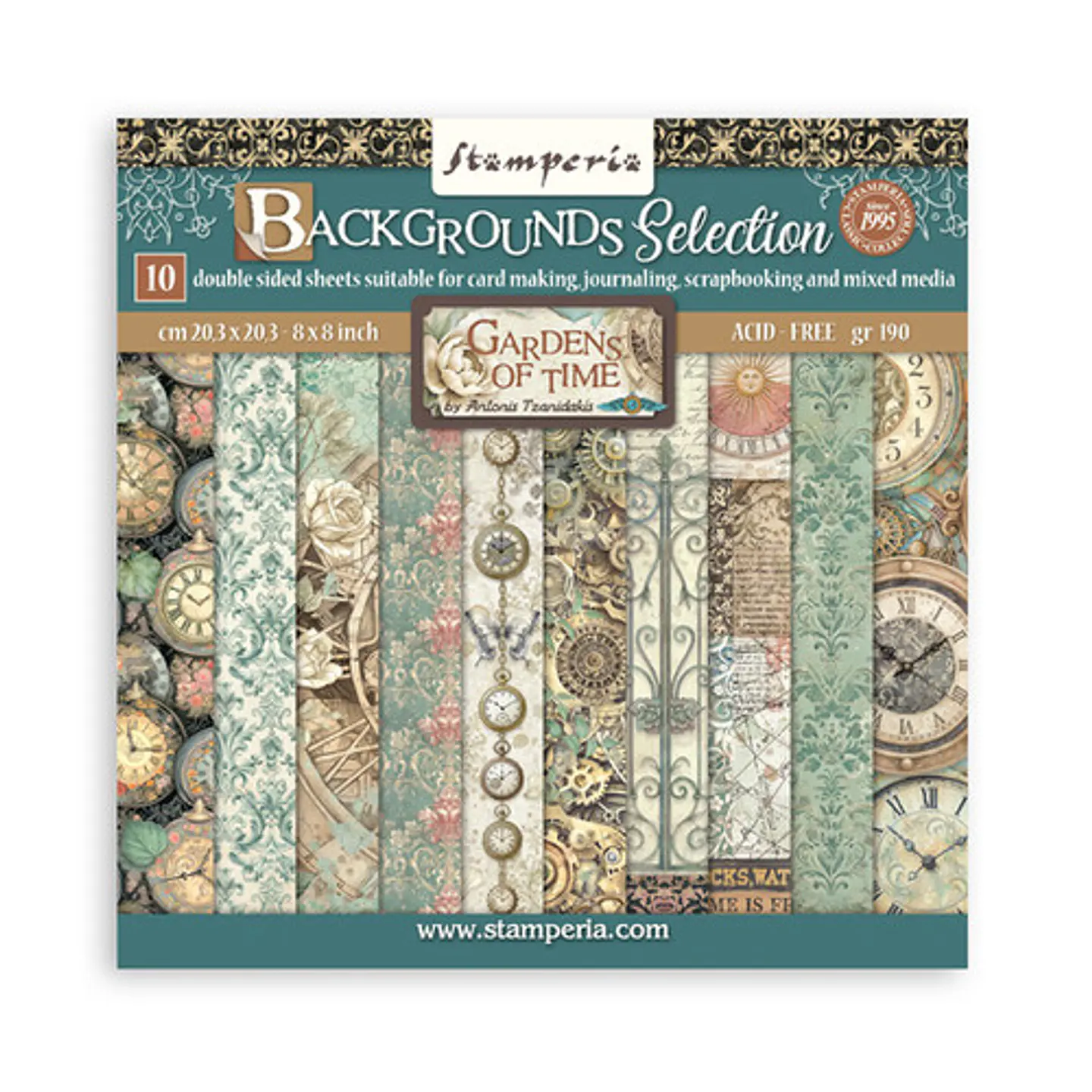 Stamperia — Bloco Scrapbook 20 × 20 cm Gardens of Time Backgrounds (SBBS142) 1
