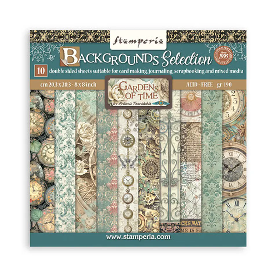 Stamperia — Bloco Scrapbook 20 × 20 cm Gardens of Time Backgrounds (SBBS142) 1
