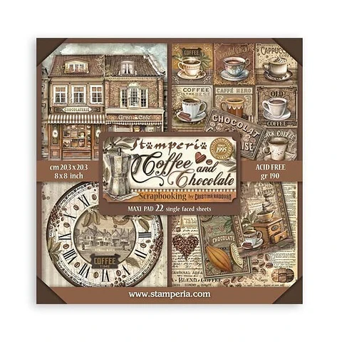 Stamperia — Bloco Scrapbook 20 × 20 cm Coffee and Chocolate Maxi, 22 folhas (SBBSXB01)