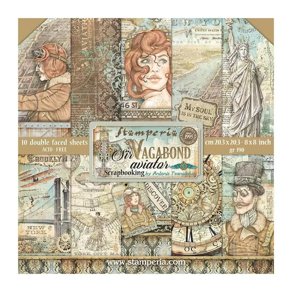 Stamperia — Bloco Scrapbook 20 × 20 cm Sir Vagabond Aviator (SBBS61) 1