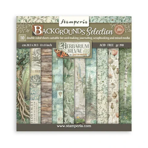 Stamperia — Bloco Scrapbook 20 × 20 cm Herbarium Silvae Backgrounds (SBBS136)