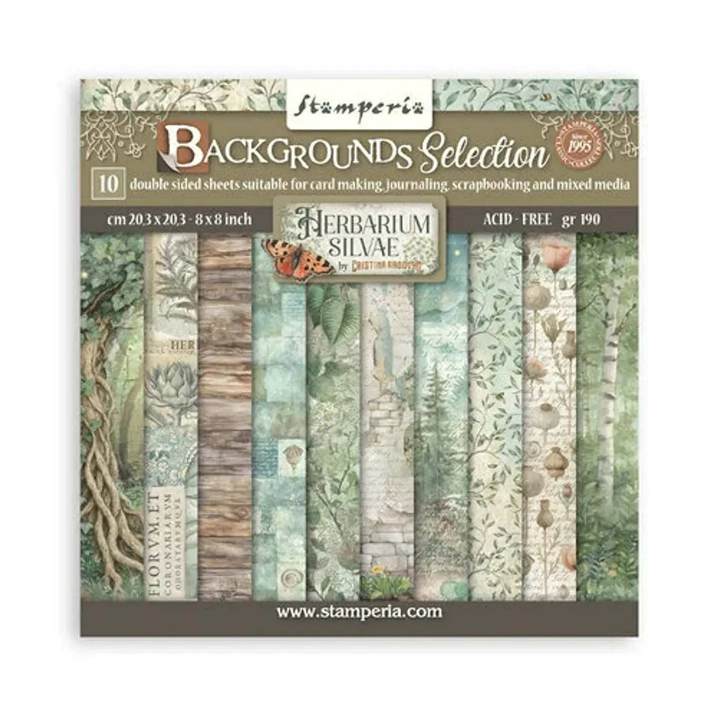 Stamperia — Bloco Scrapbook 20 × 20 cm Herbarium Silvae Backgrounds (SBBS136) 1