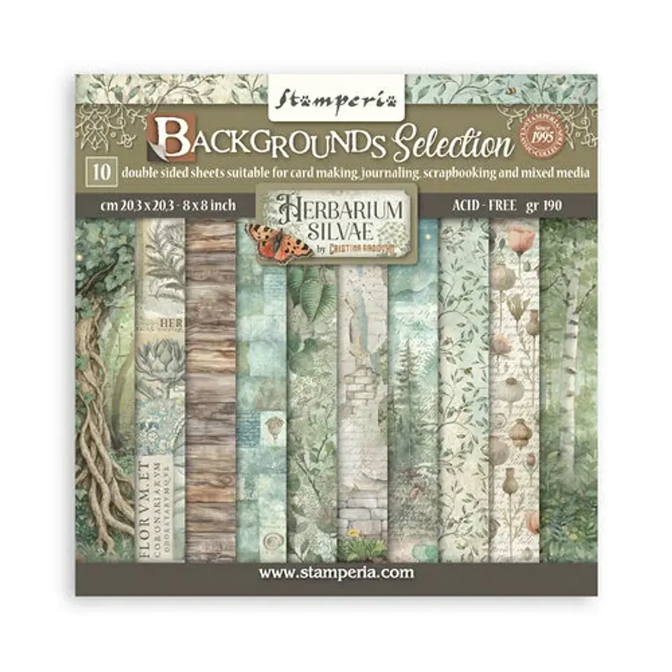 Stamperia — Bloco Scrapbook 20 × 20 cm Herbarium Silvae Backgrounds (SBBS136) 1