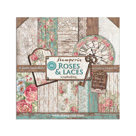 Bloco Scrapbooking Stamperia 30,5 × 30,5 cm — Roses, Laces & Wood (SBBL25)
