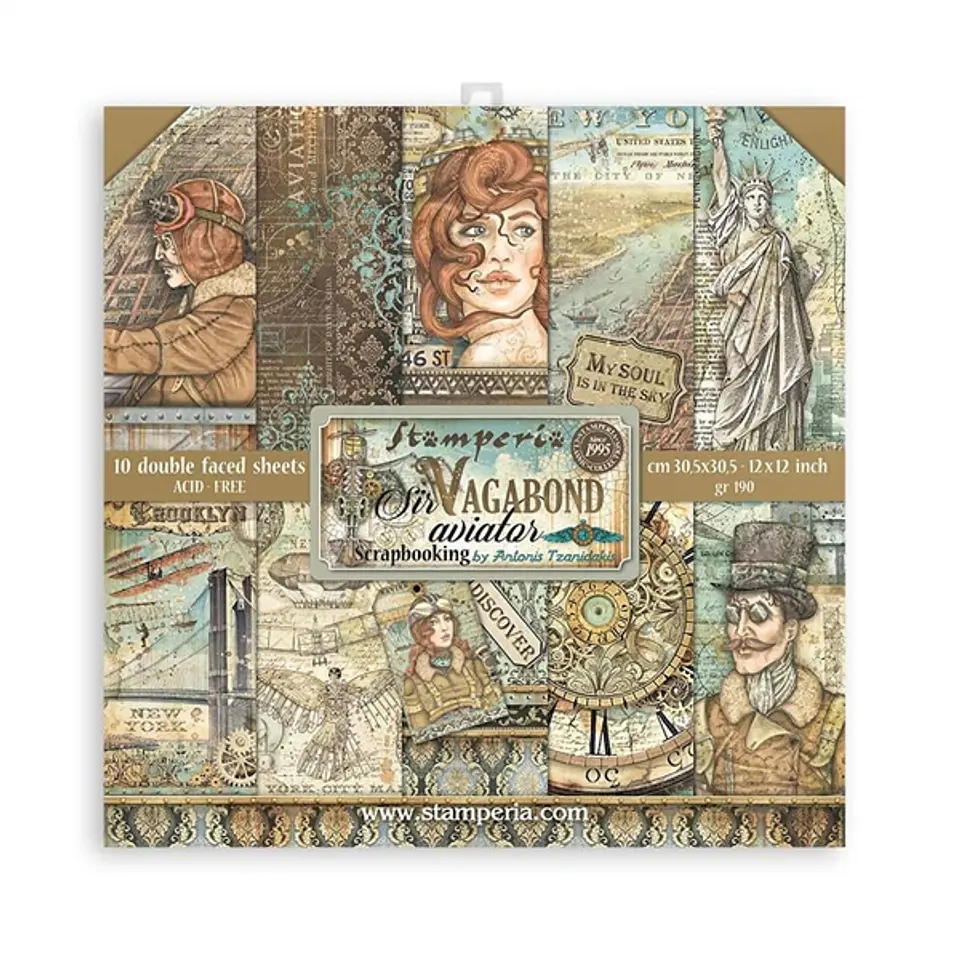 Bloco Scrapbooking Stamperia 30,5 × 30,5 cm — Sir Vagabond Aviator (SBBL112) 1