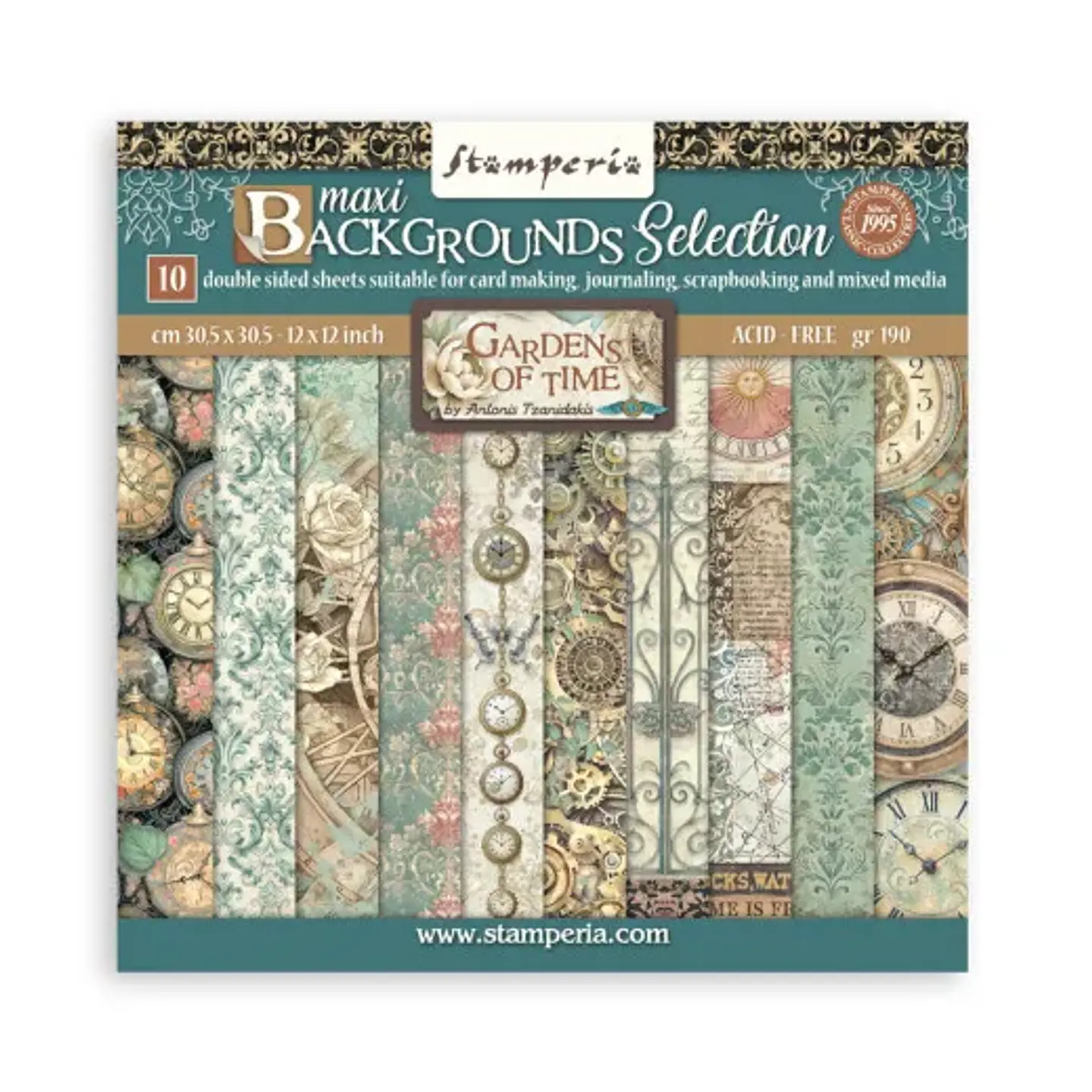 Bloco Scrapbooking Stamperia 30,5 × 30,5 cm — Gardens of Time – Maxi Backgrounds (SBBL186) 1