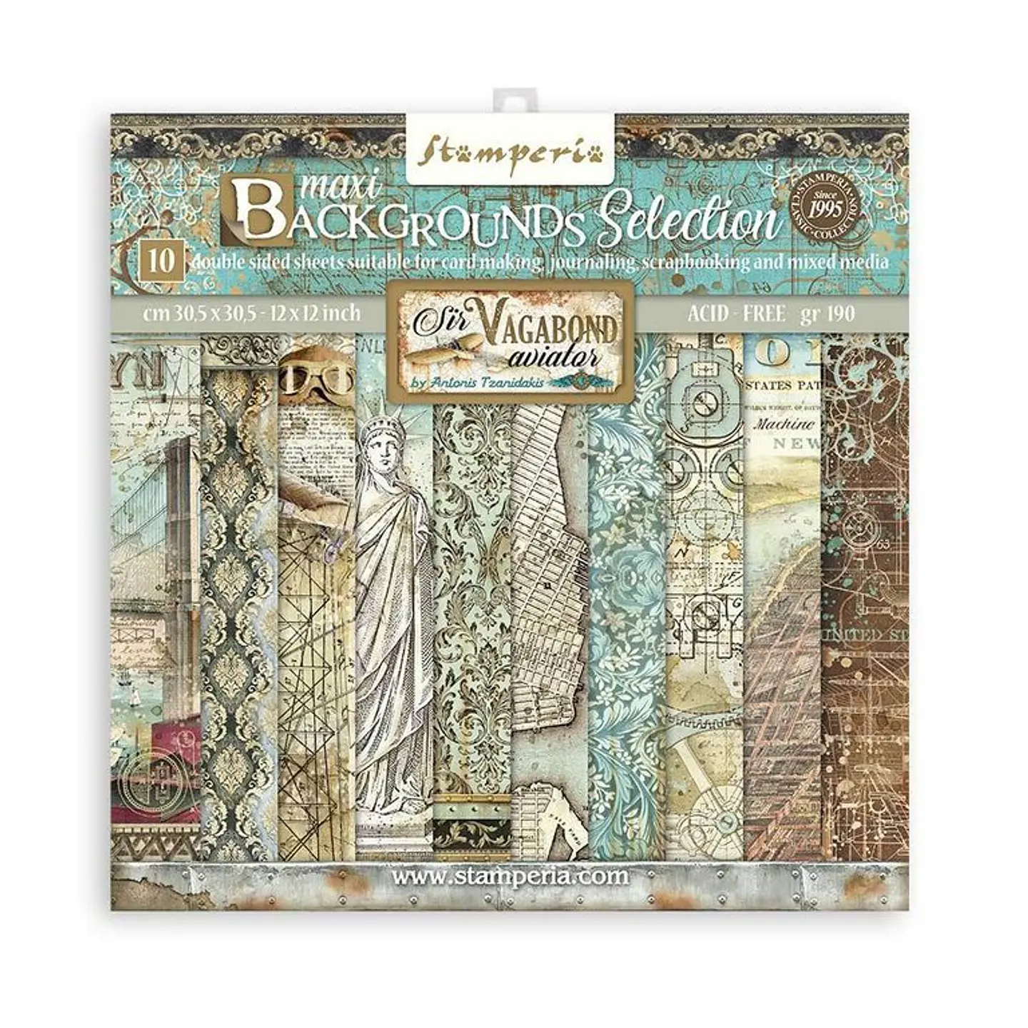 Bloco Scrapbooking Stamperia 30,5 × 30,5 cm — Sir Vagabond Aviator – Maxi Backgrounds (SBBL113) 1