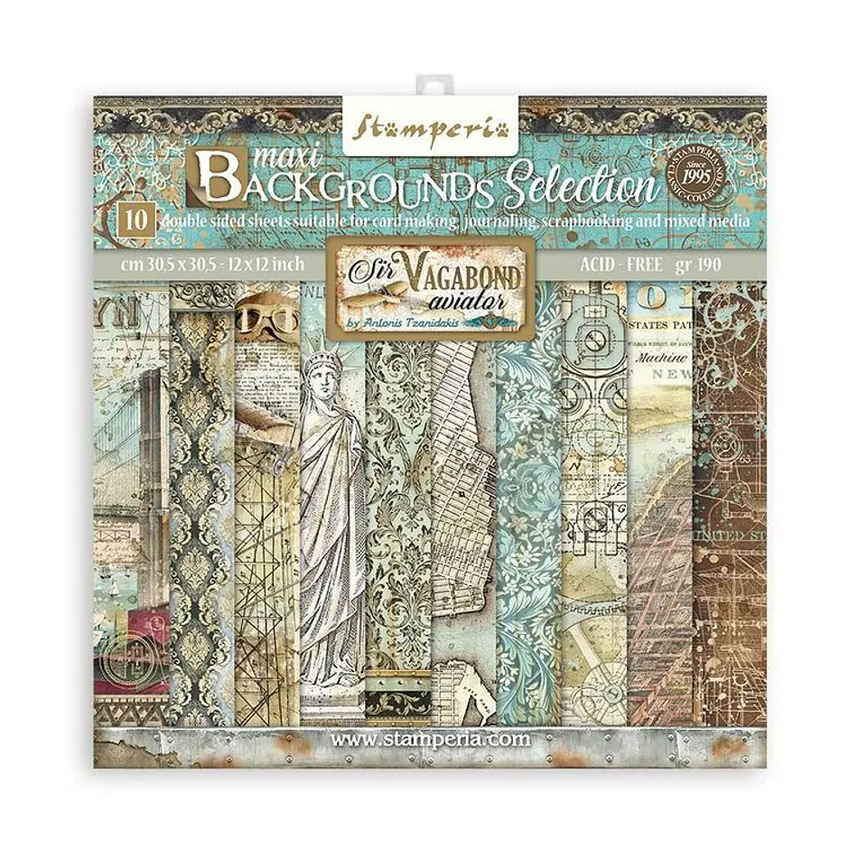 Bloco Scrapbooking Stamperia 30,5 × 30,5 cm — Sir Vagabond Aviator – Maxi Backgrounds (SBBL113) 1