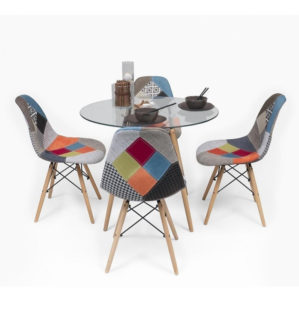 Comedor Dubai redondo vidrio 80 cm y 4 Sillas Patchwork