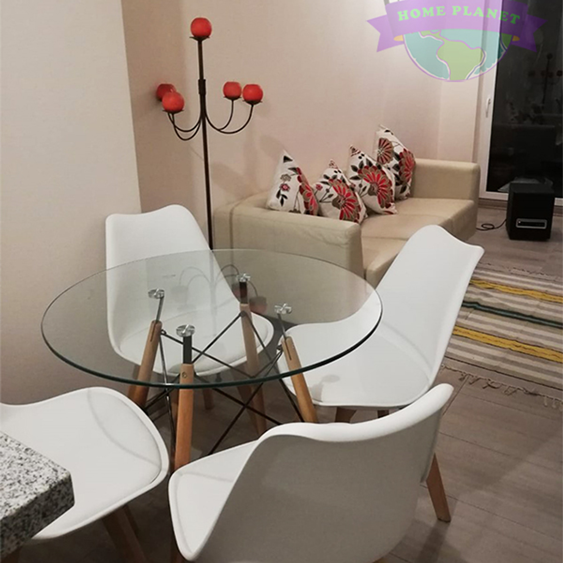 Comedor América redondo vidrio 80 cm y 4 Sillas Tulip 8