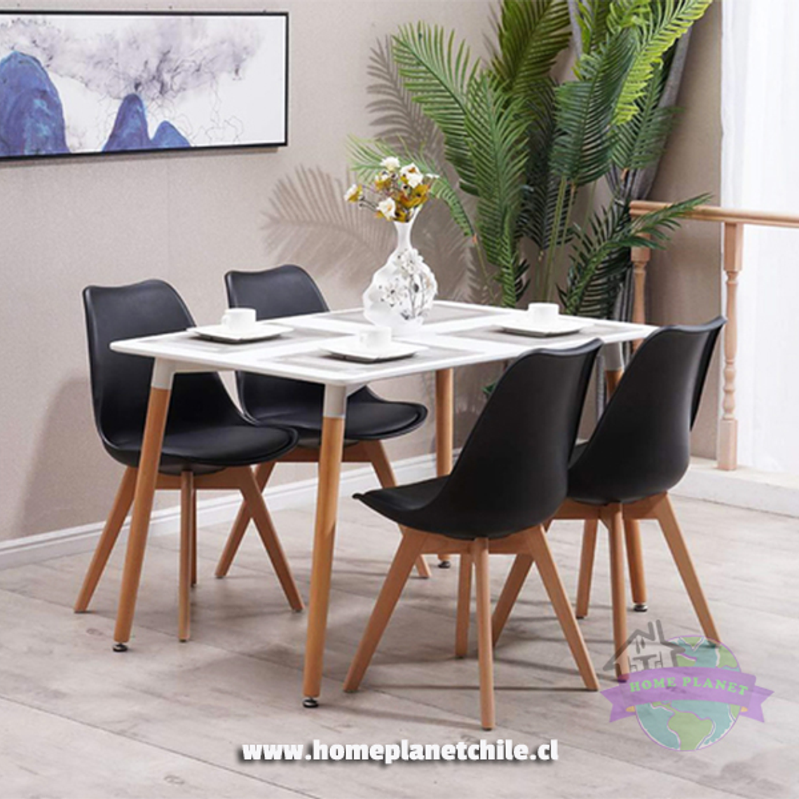 Comedor Atenas rectangular blanca 120x80 cm y 4 Sillas Tulip Negras 2