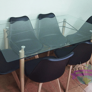 Comedor Grecia rectangular vidrio 140x90cm con 6 Sillas Tulip