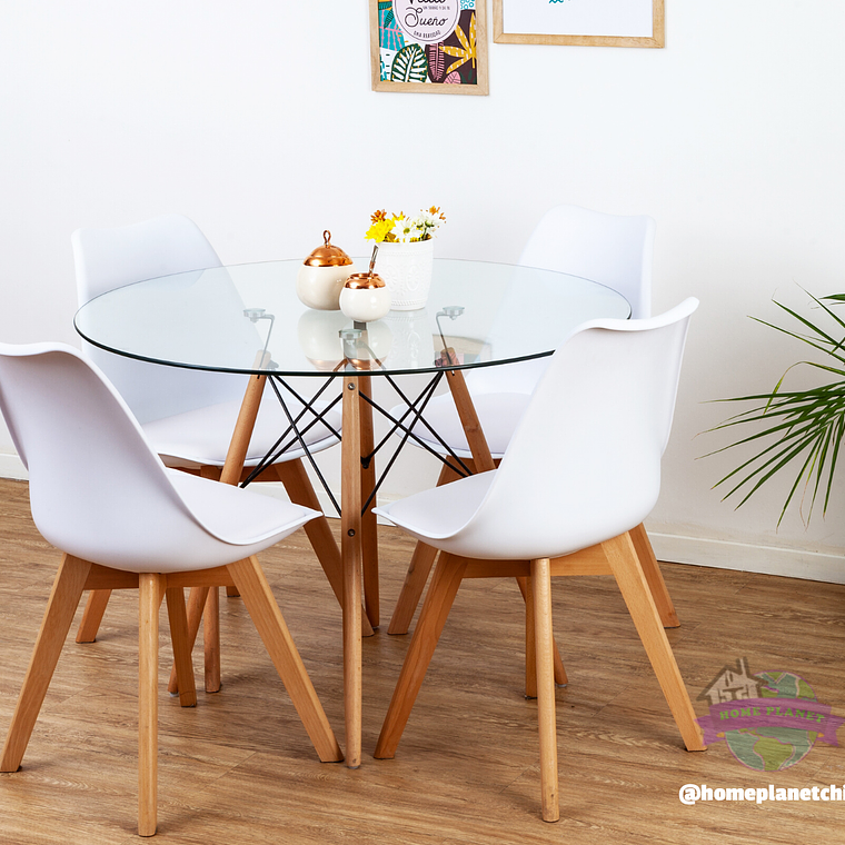 Comedor América redondo vidrio 100 cm y 4 Sillas Tulip 4