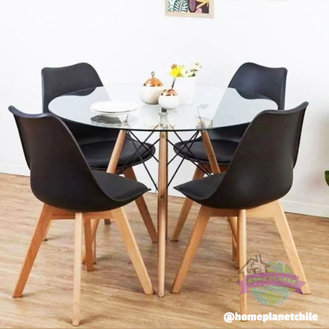 Comedor América redondo vidrio 100 cm y 4 Sillas Tulip 3