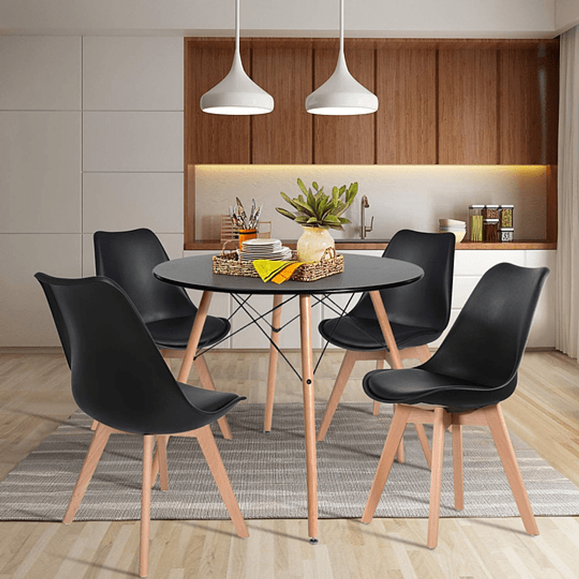 Comedor Denver redondo negro 80 cm con 4 Sillas Tulip 4