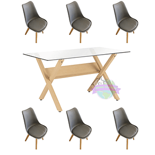 Comedor Visby rectangular vidrio 140x80 cm con 6 Sillas Tulip