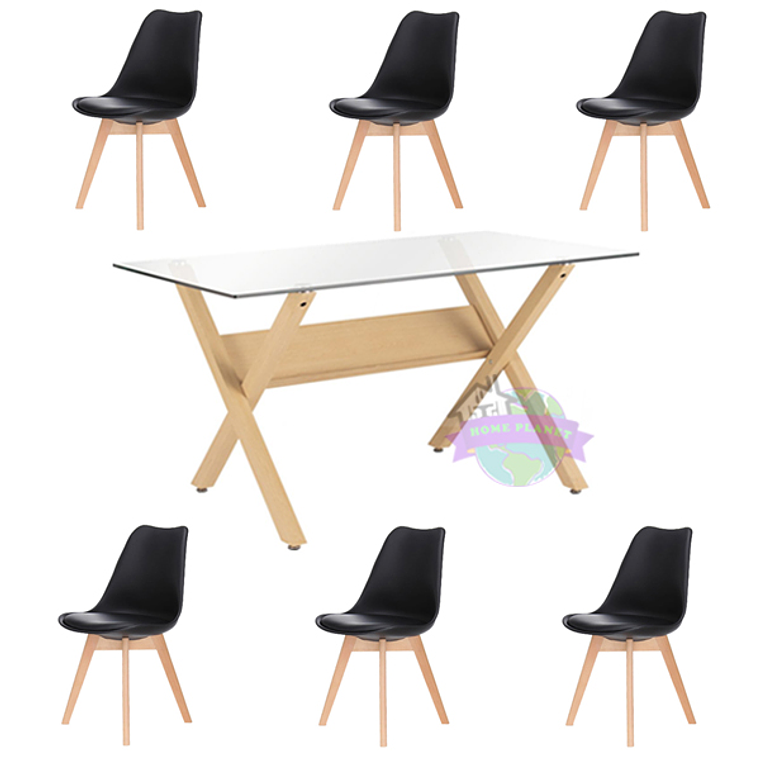 Comedor Visby rectangular vidrio 140x80 cm con 6 Sillas Tulip 3