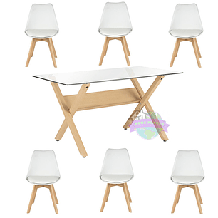 Comedor Visby rectangular vidrio 140x80 cm con 6 Sillas Tulip